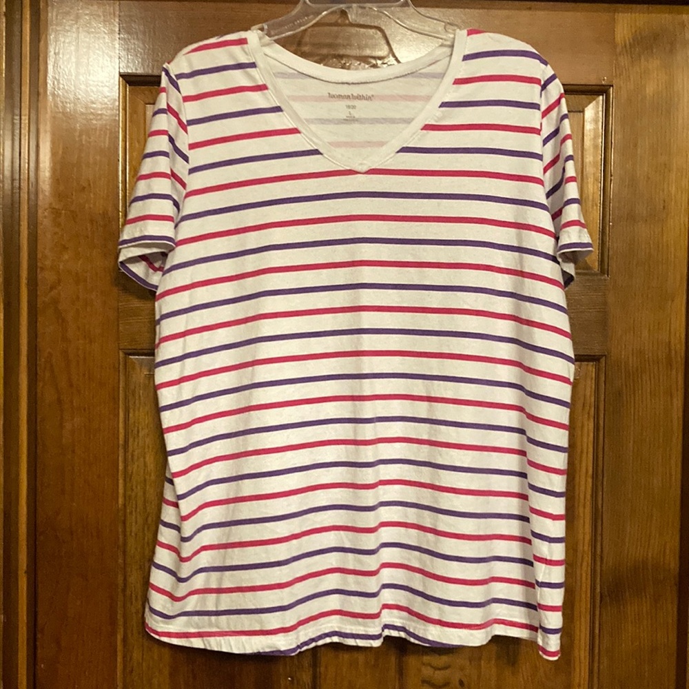 18/20 Women Within White, Purple and Pink V-Neck Striped Tee